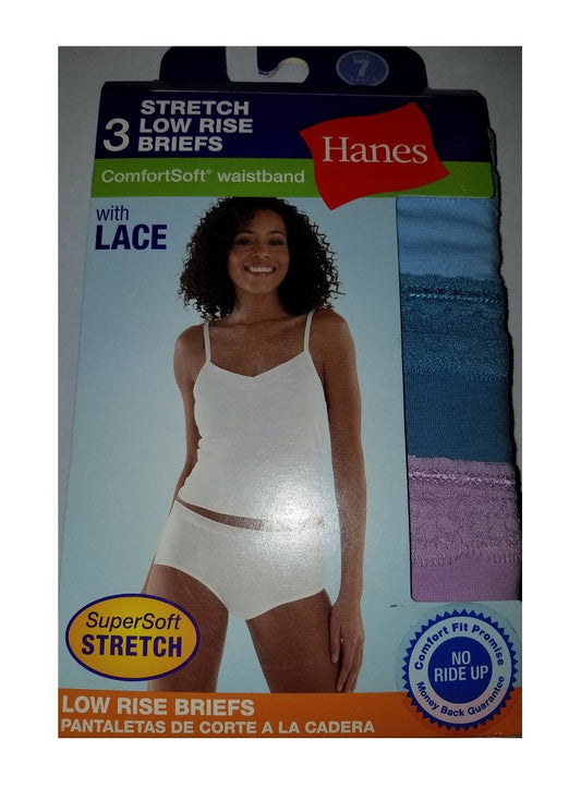 Hanes 3 Pack ComfortSoft Stretch Cotton Low-Rise Lace Briefs Size 7