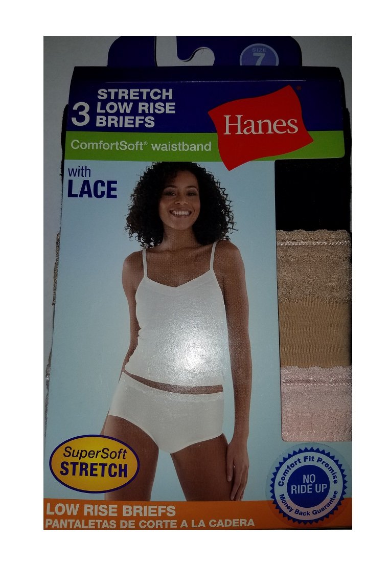 Hanes 3 Pack ComfortSoft Stretch Cotton Low-Rise Lace Briefs Size 7