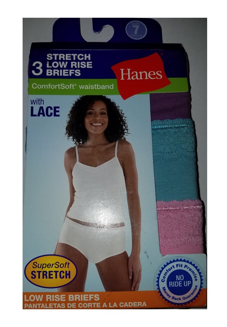 Hanes 3 Pack ComfortSoft Stretch Cotton Low-Rise Lace Briefs Size 7